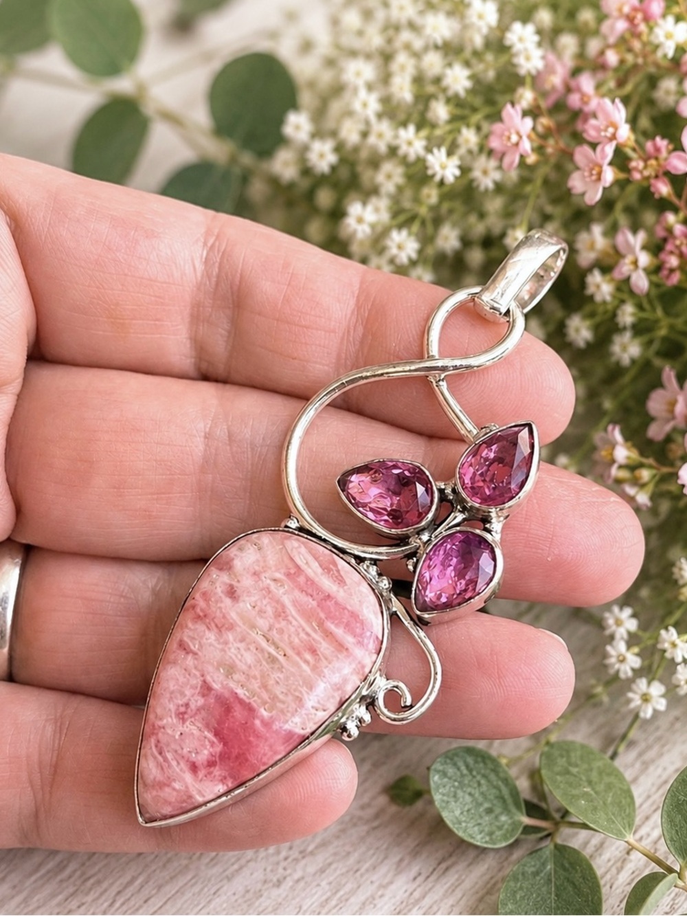 Rhodochrosite & Pink Topaz Gemstone 2.8” Sterling Silver Pendant - Picture 3 of 5
